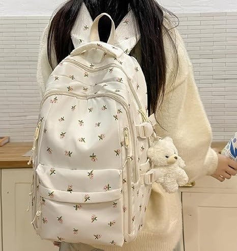 Nylon Backpack with Floral Cherry Print and Bear Charm – Everyday Backpack